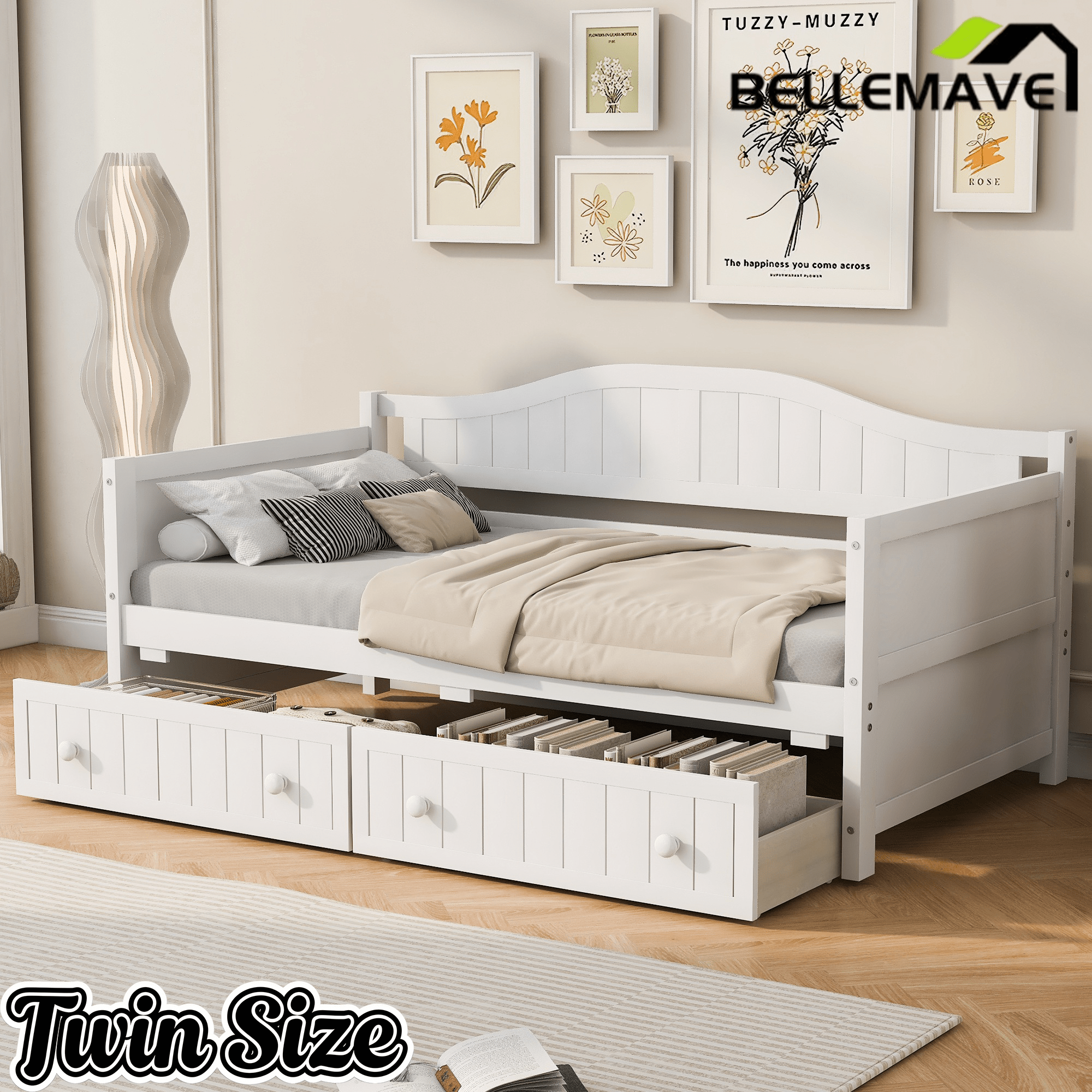 Bellemave® Twin Size Upholstery Daybed with 2 Drawers & Storage, Modern Sofa Bed with Wooden Slats, No Box Spring Required, for Living Room, Bedroom - Bellemave