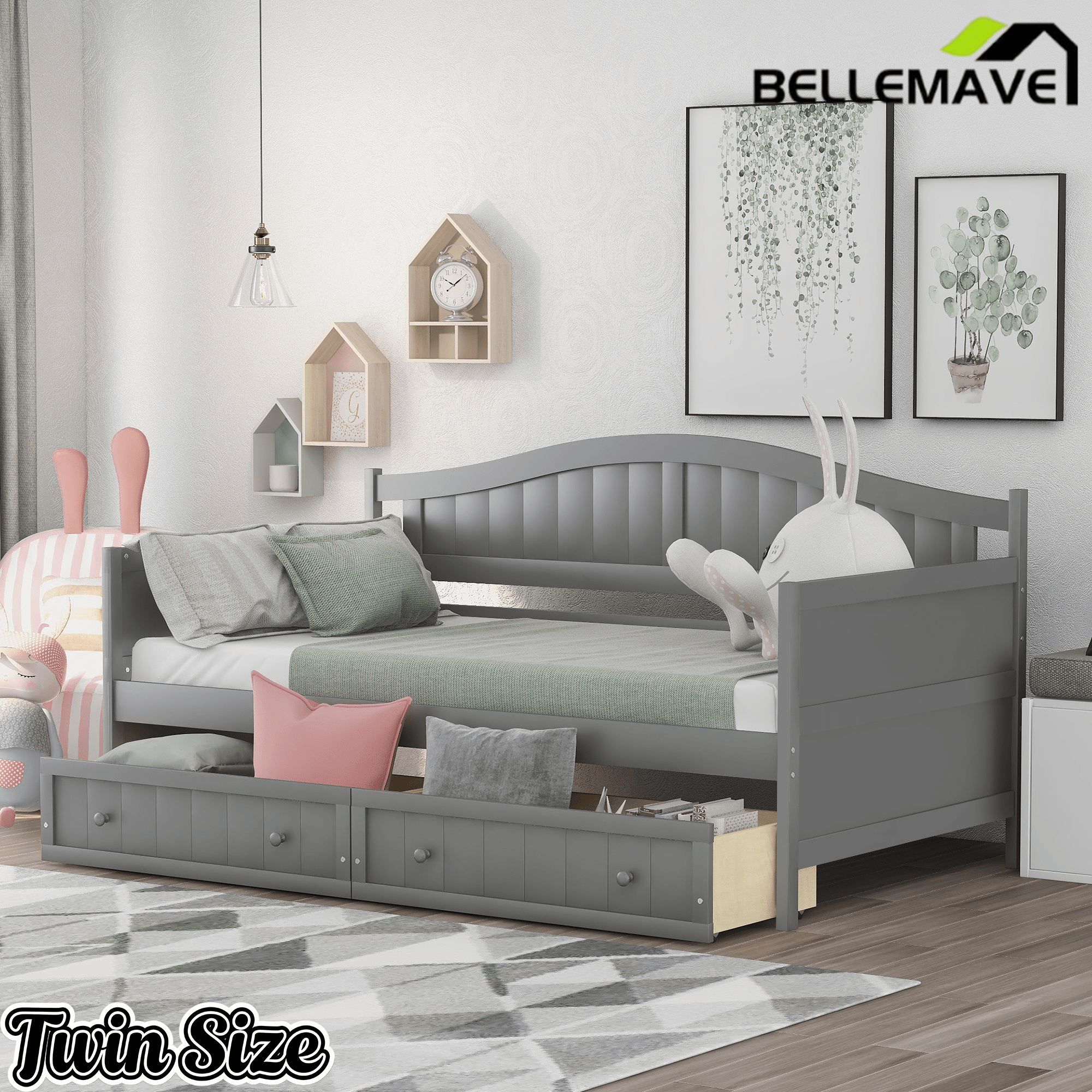 Bellemave® Twin Size Upholstery Daybed with 2 Drawers & Storage, Modern Sofa Bed with Wooden Slats, No Box Spring Required, for Living Room, Bedroom - Bellemave