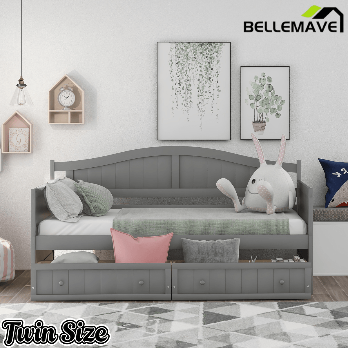 Bellemave® Twin Size Upholstery Daybed with 2 Drawers & Storage, Modern Sofa Bed with Wooden Slats, No Box Spring Required, for Living Room, Bedroom - Bellemave