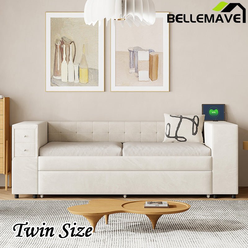 Bellemave® Twin Size Velvet Upholstered Daybed with Storage and Twin Trundle, USB Charging Ports - Bellemave