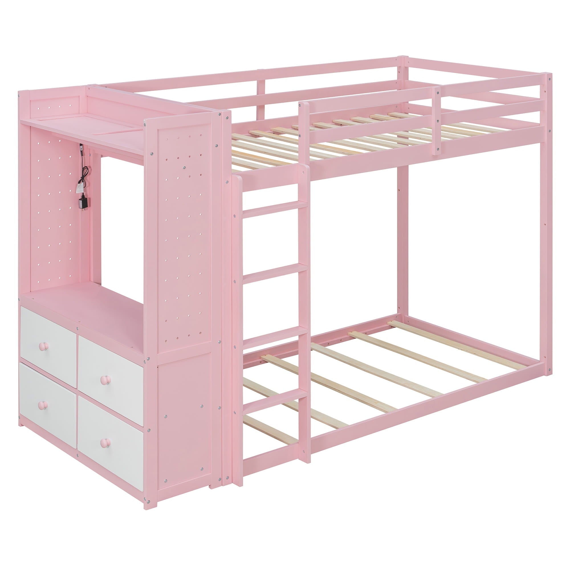 Bellemave® Twin Size Wood Bunk Bed with 4 Storage Drawers, Wooden Bed Frame with Hanging Rails, Light Strips, Built - in Shelves & Dual Pegboards - Bellemave