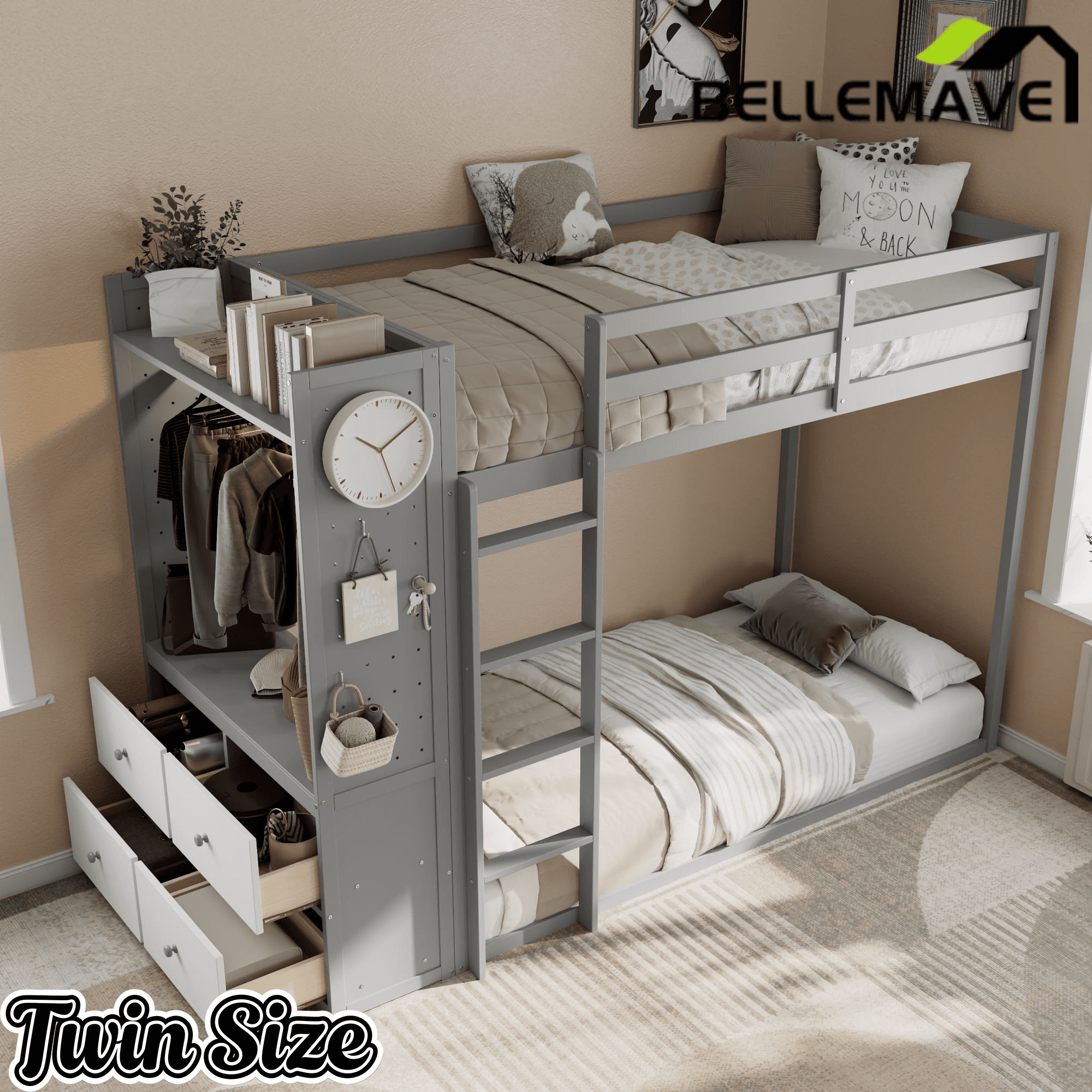 Bellemave® Twin Size Wood Bunk Bed with 4 Storage Drawers, Wooden Bed Frame with Hanging Rails, Light Strips, Built - in Shelves & Dual Pegboards - Bellemave