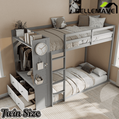 Bellemave® Twin Size Wood Bunk Bed with 4 Storage Drawers, Wooden Bed Frame with Hanging Rails, Light Strips, Built - in Shelves & Dual Pegboards - Bellemave