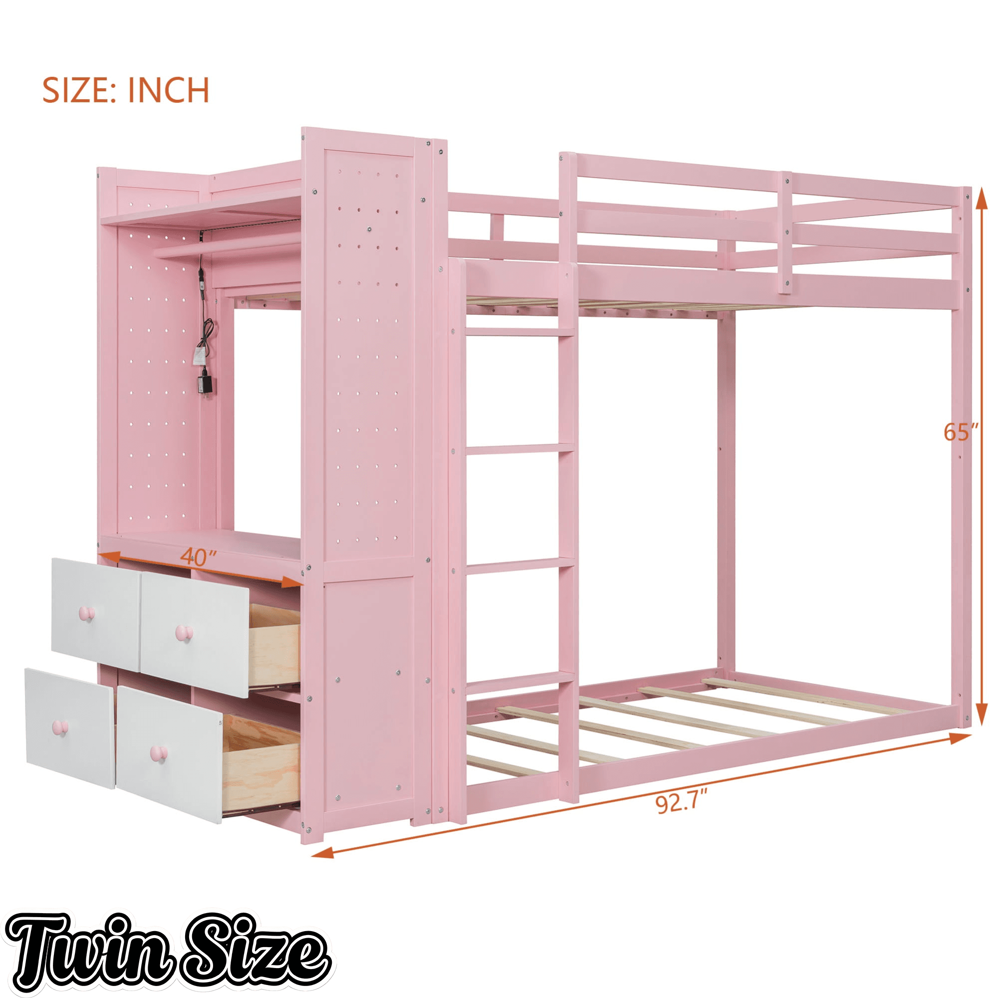 Bellemave® Twin Size Wood Bunk Bed with 4 Storage Drawers, Wooden Bed Frame with Hanging Rails, Light Strips, Built - in Shelves & Dual Pegboards - Bellemave