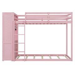 Bellemave® Twin Size Wood Bunk Bed with 4 Storage Drawers, Wooden Bed Frame with Hanging Rails, Light Strips, Built - in Shelves & Dual Pegboards - Bellemave