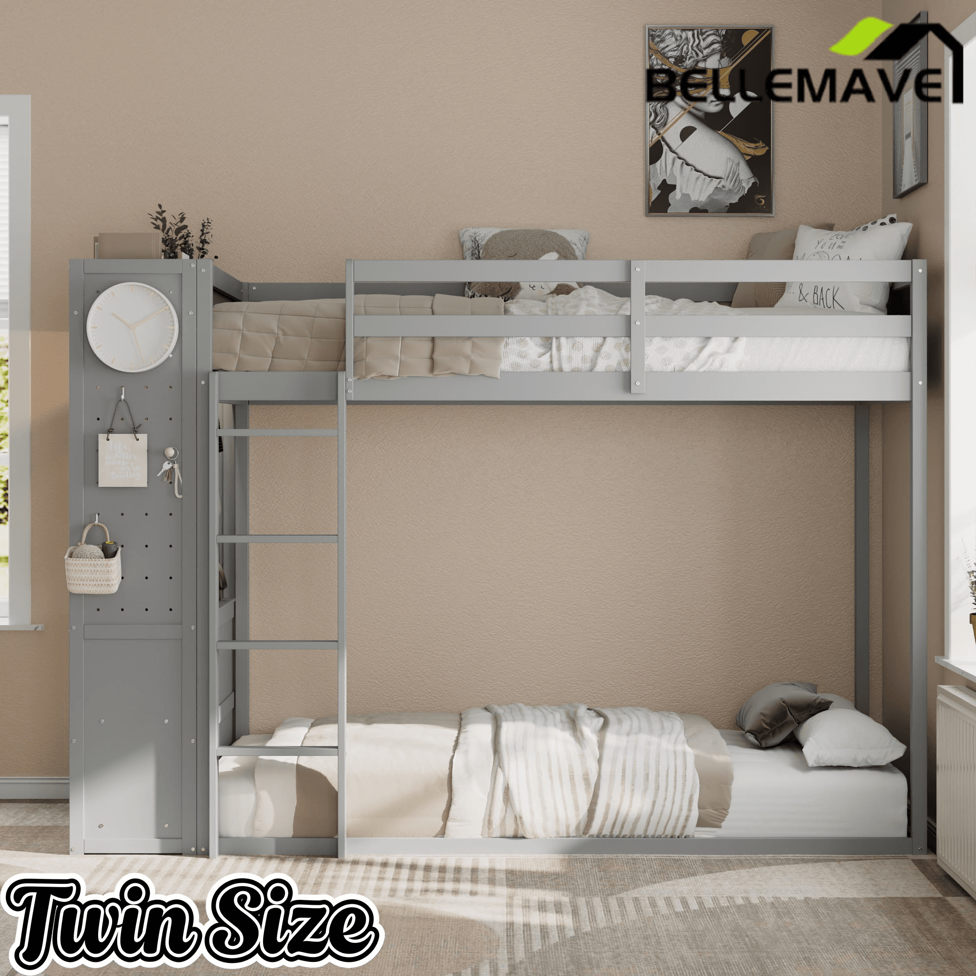 Bellemave® Twin Size Wood Bunk Bed with 4 Storage Drawers, Wooden Bed Frame with Hanging Rails, Light Strips, Built - in Shelves & Dual Pegboards - Bellemave