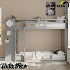 Bellemave® Twin Size Wood Bunk Bed with 4 Storage Drawers, Wooden Bed Frame with Hanging Rails, Light Strips, Built - in Shelves & Dual Pegboards - Bellemave