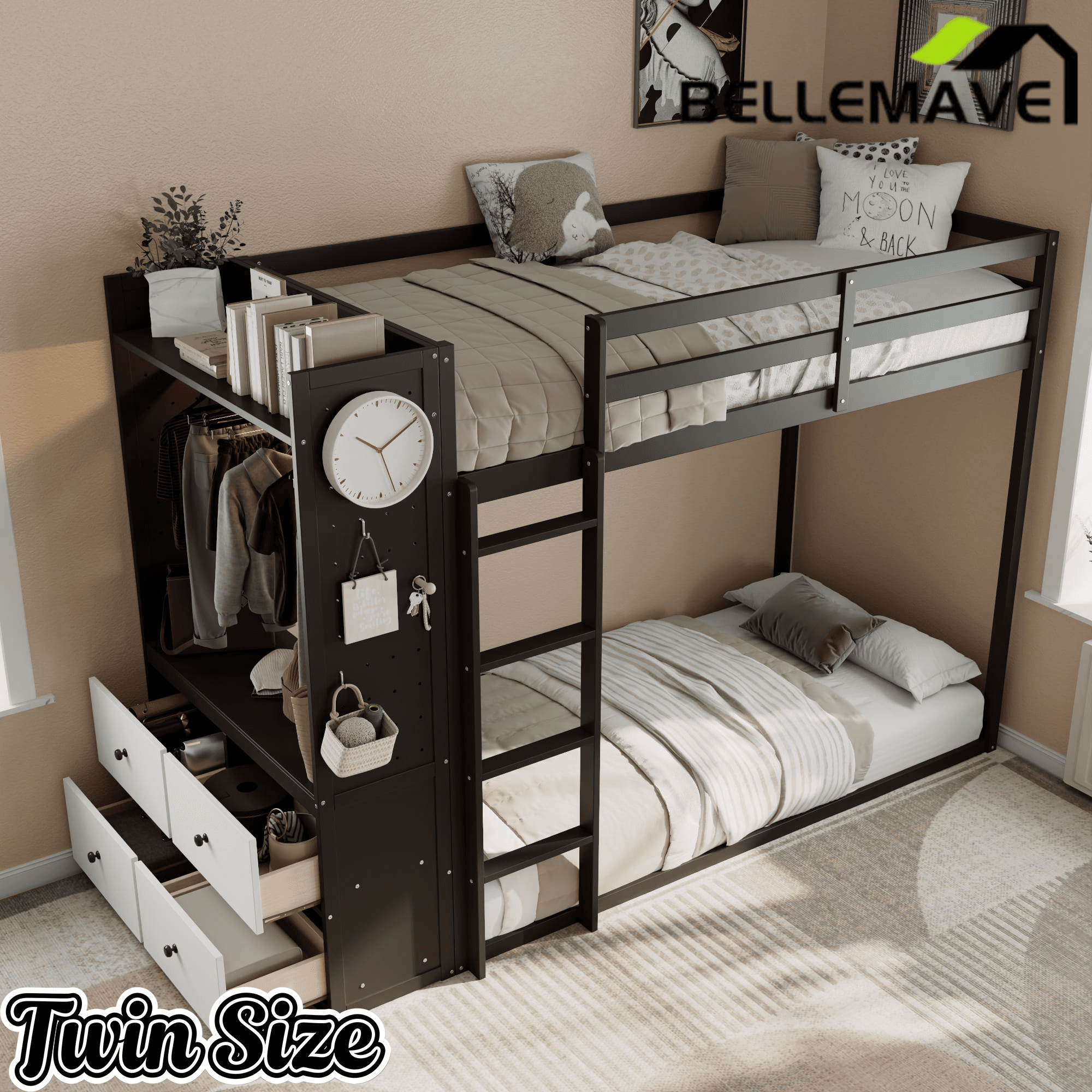 Bellemave® Twin Size Wood Bunk Bed with 4 Storage Drawers, Wooden Bed Frame with Hanging Rails, Light Strips, Built - in Shelves & Dual Pegboards - Bellemave
