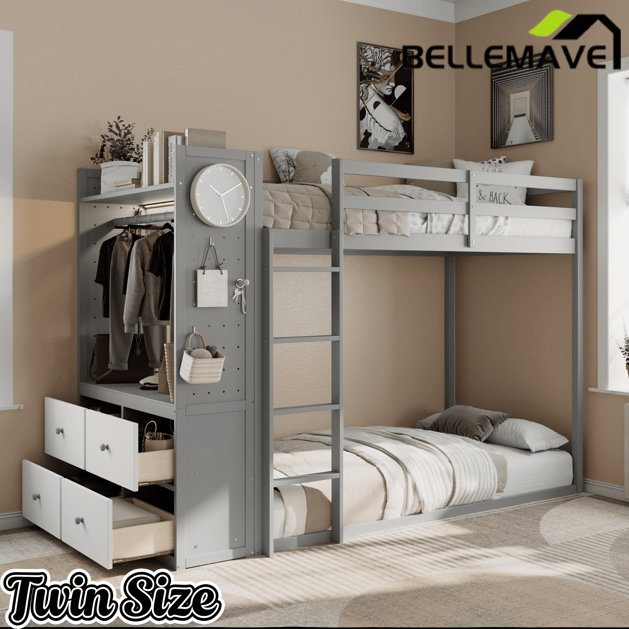 Bellemave® Twin Size Wood Bunk Bed with 4 Storage Drawers, Wooden Bed Frame with Hanging Rails, Light Strips, Built - in Shelves & Dual Pegboards - Bellemave