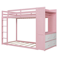 Bellemave® Twin Size Wood Bunk Bed with 4 Storage Drawers, Wooden Bed Frame with Hanging Rails, Light Strips, Built - in Shelves & Dual Pegboards - Bellemave