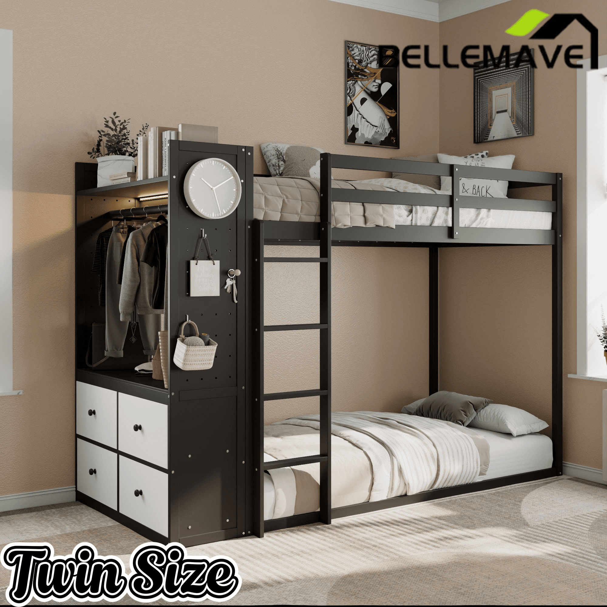 Bellemave® Twin Size Wood Bunk Bed with 4 Storage Drawers, Wooden Bed Frame with Hanging Rails, Light Strips, Built - in Shelves & Dual Pegboards - Bellemave