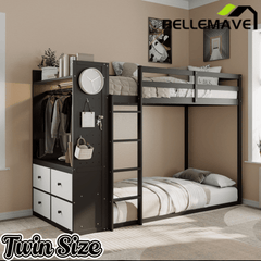 Bellemave® Twin Size Wood Bunk Bed with 4 Storage Drawers, Wooden Bed Frame with Hanging Rails, Light Strips, Built - in Shelves & Dual Pegboards - Bellemave