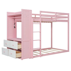 Bellemave® Twin Size Wood Bunk Bed with 4 Storage Drawers, Wooden Bed Frame with Hanging Rails, Light Strips, Built - in Shelves & Dual Pegboards - Bellemave