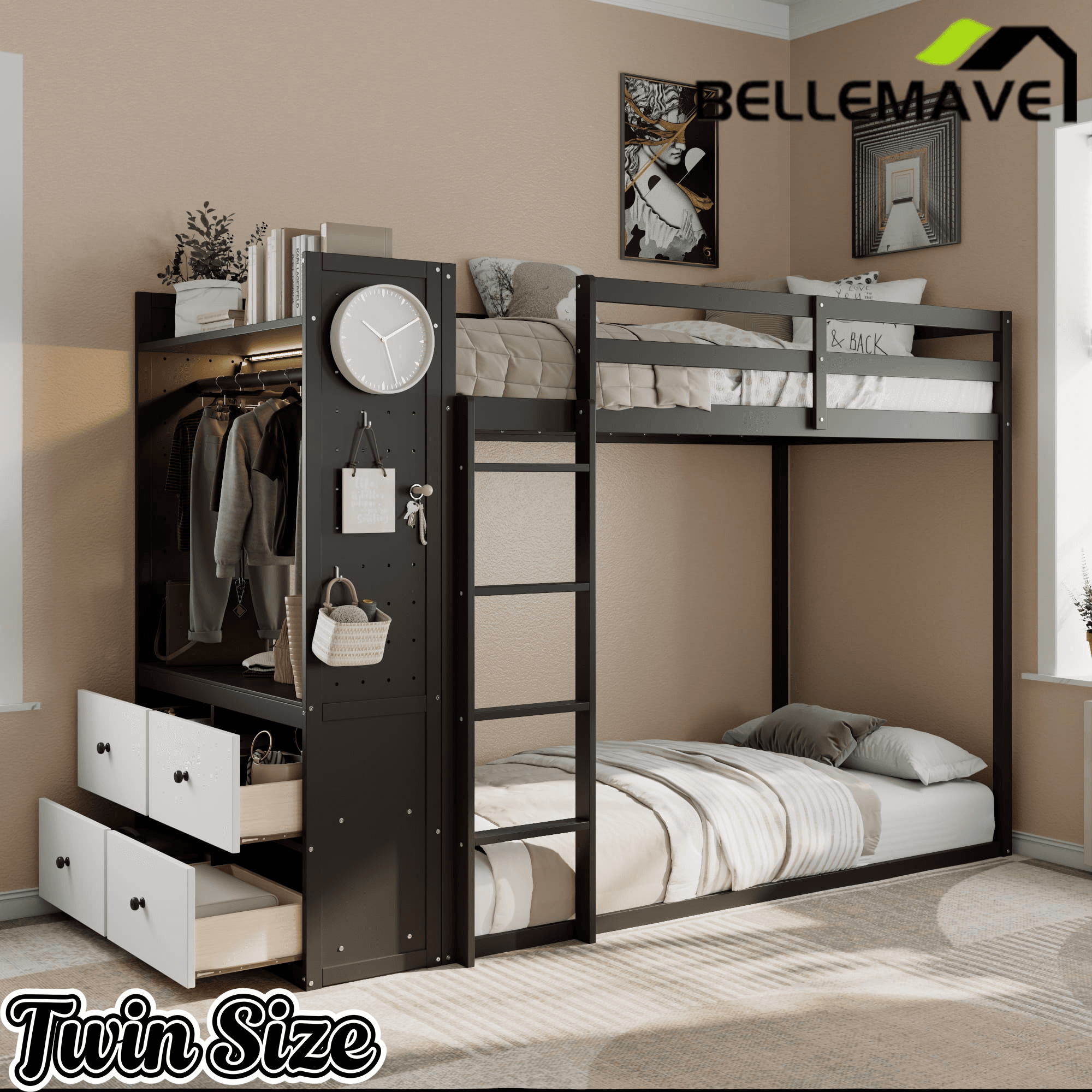Bellemave® Twin Size Wood Bunk Bed with 4 Storage Drawers, Wooden Bed Frame with Hanging Rails, Light Strips, Built - in Shelves & Dual Pegboards - Bellemave