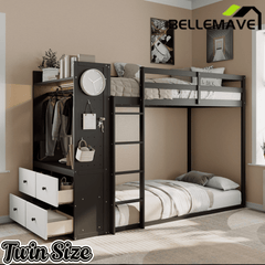 Bellemave® Twin Size Wood Bunk Bed with 4 Storage Drawers, Wooden Bed Frame with Hanging Rails, Light Strips, Built - in Shelves & Dual Pegboards - Bellemave