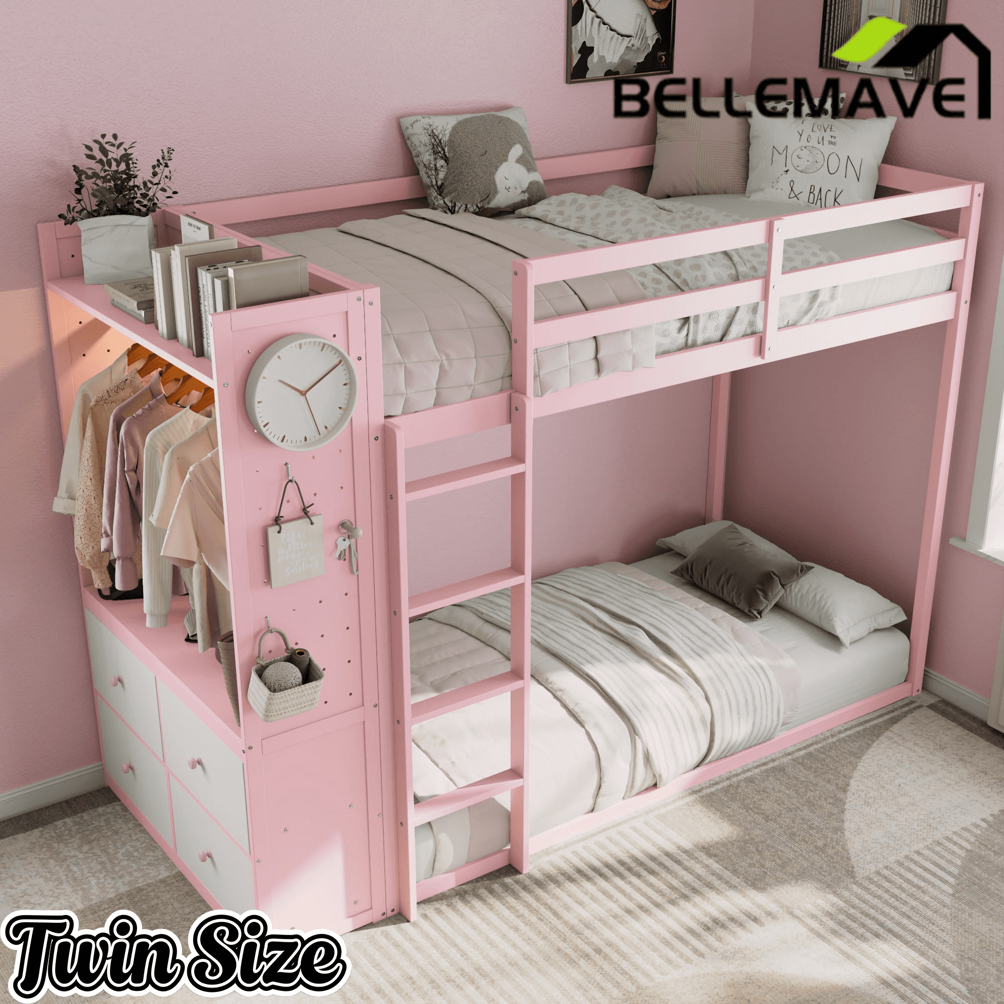 Bellemave® Twin Size Wood Bunk Bed with 4 Storage Drawers, Wooden Bed Frame with Hanging Rails, Light Strips, Built - in Shelves & Dual Pegboards - Bellemave