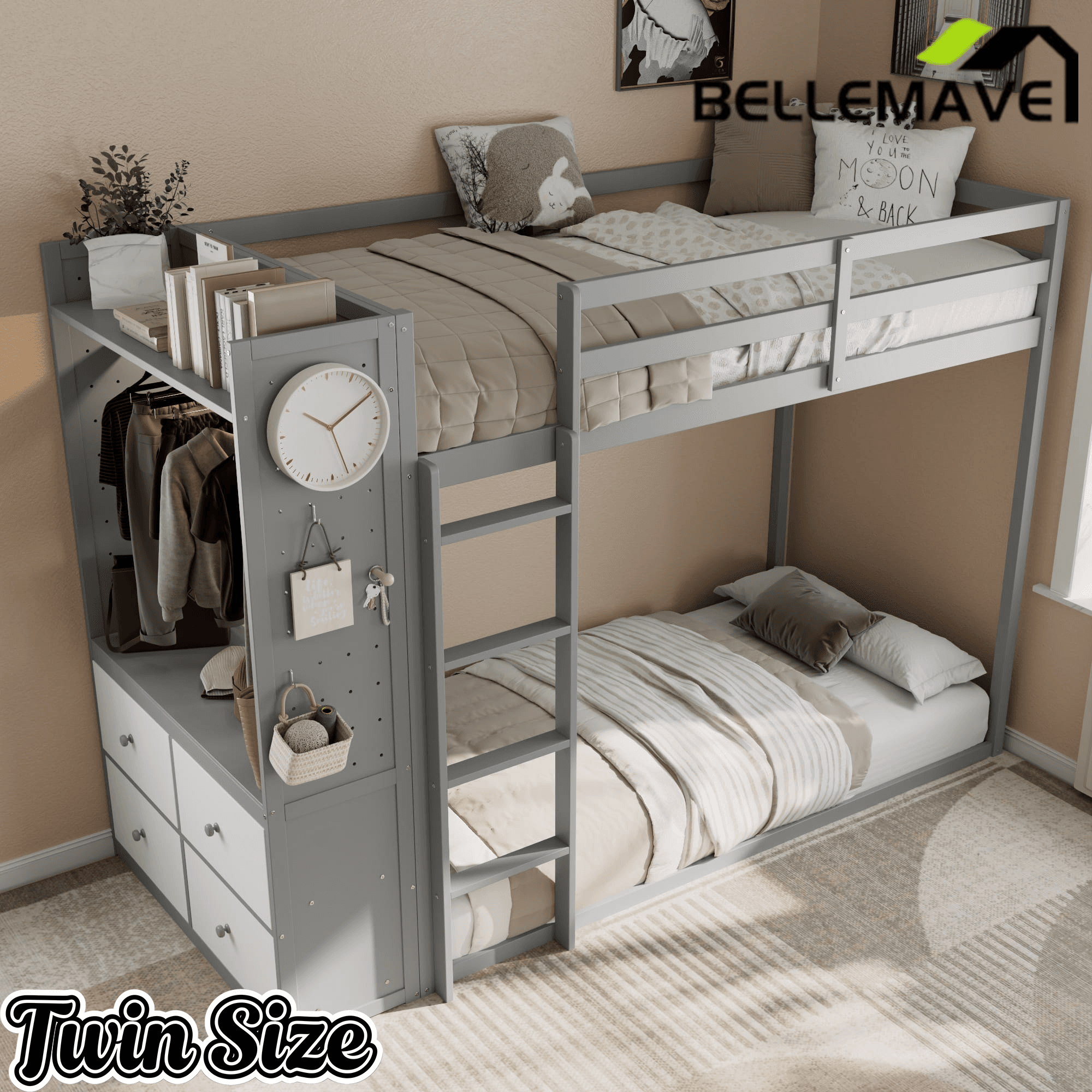 Bellemave® Twin Size Wood Bunk Bed with 4 Storage Drawers, Wooden Bed Frame with Hanging Rails, Light Strips, Built - in Shelves & Dual Pegboards - Bellemave