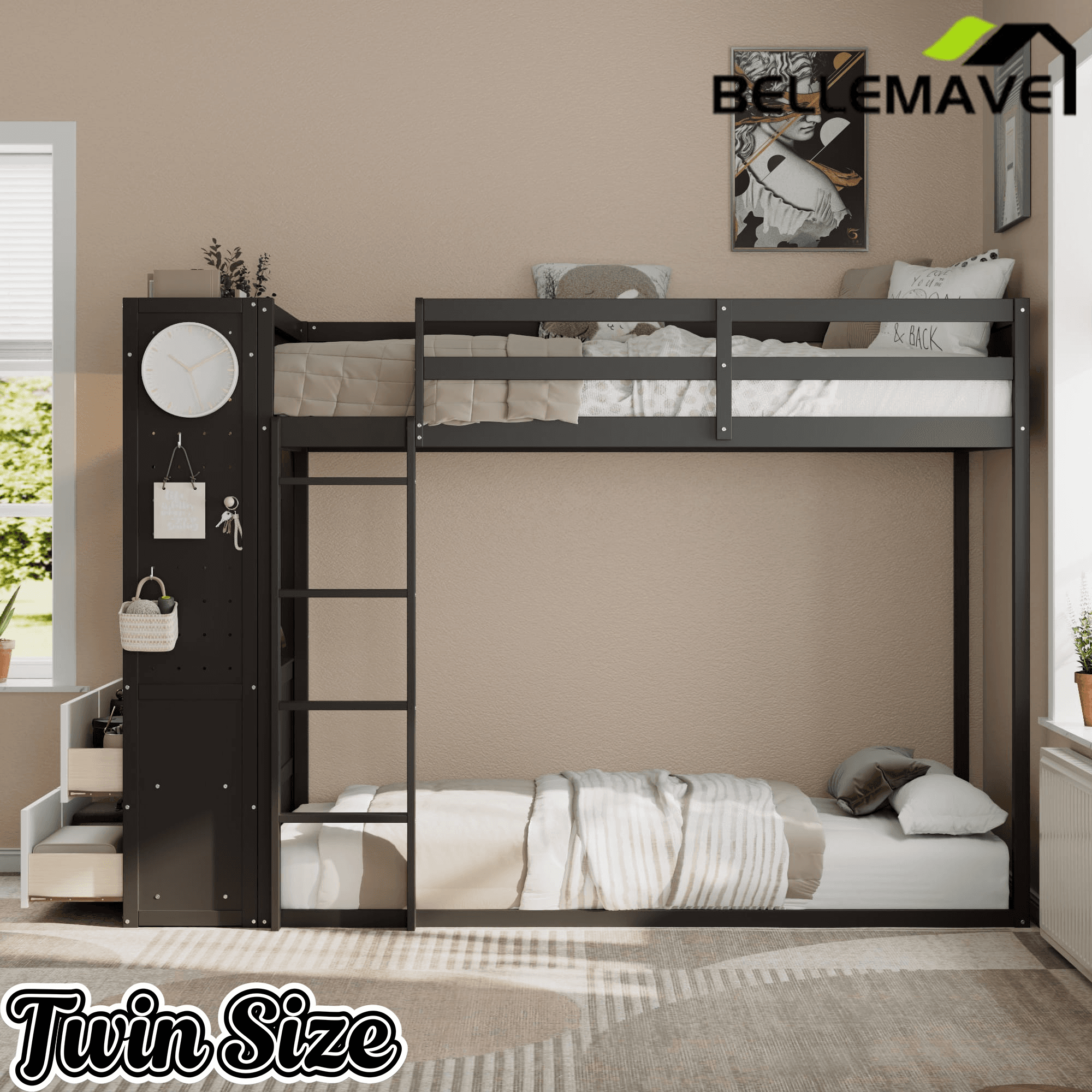 Bellemave® Twin Size Wood Bunk Bed with 4 Storage Drawers, Wooden Bed Frame with Hanging Rails, Light Strips, Built - in Shelves & Dual Pegboards - Bellemave