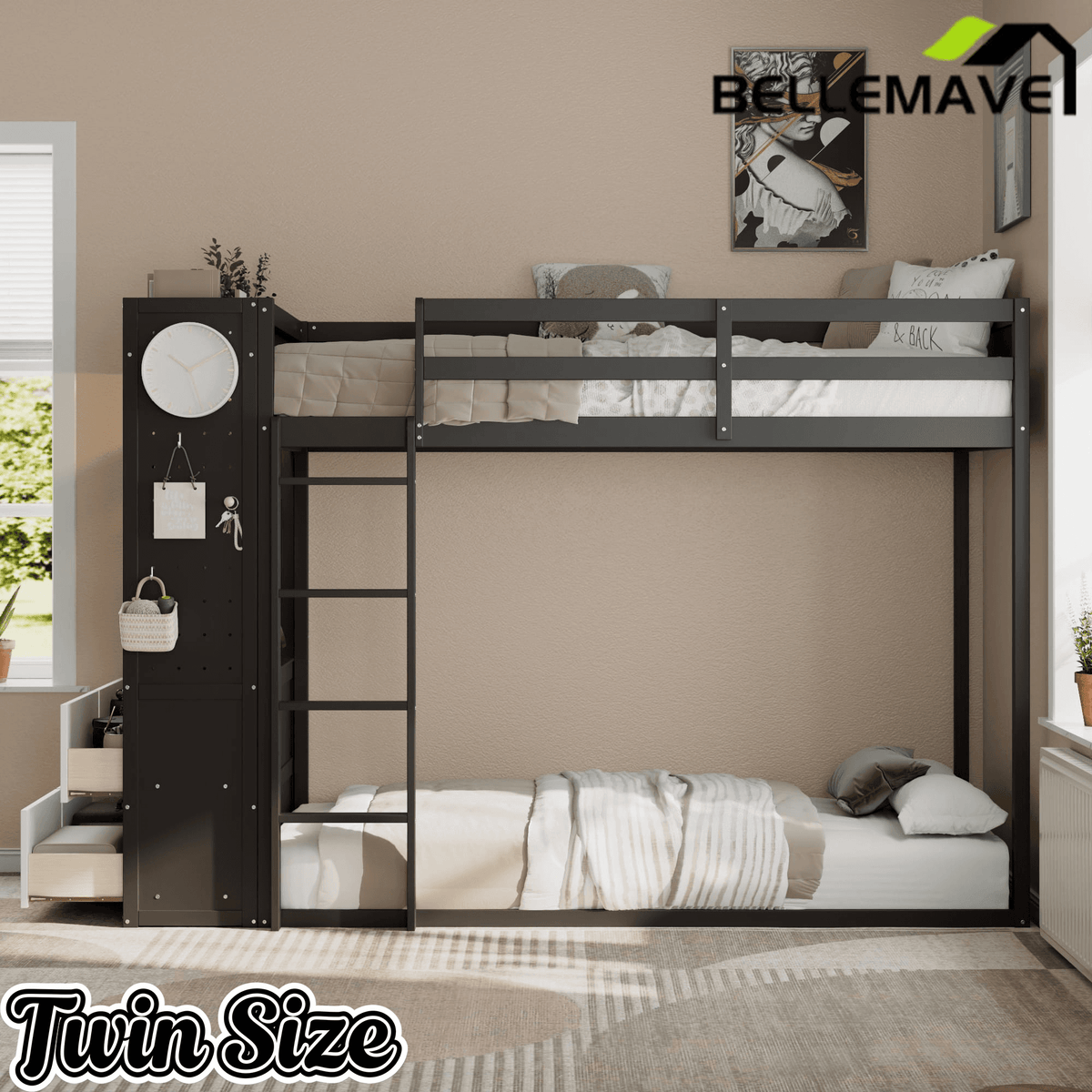 Bellemave® Twin Size Wood Bunk Bed with 4 Storage Drawers, Wooden Bed Frame with Hanging Rails, Light Strips, Built - in Shelves & Dual Pegboards - Bellemave