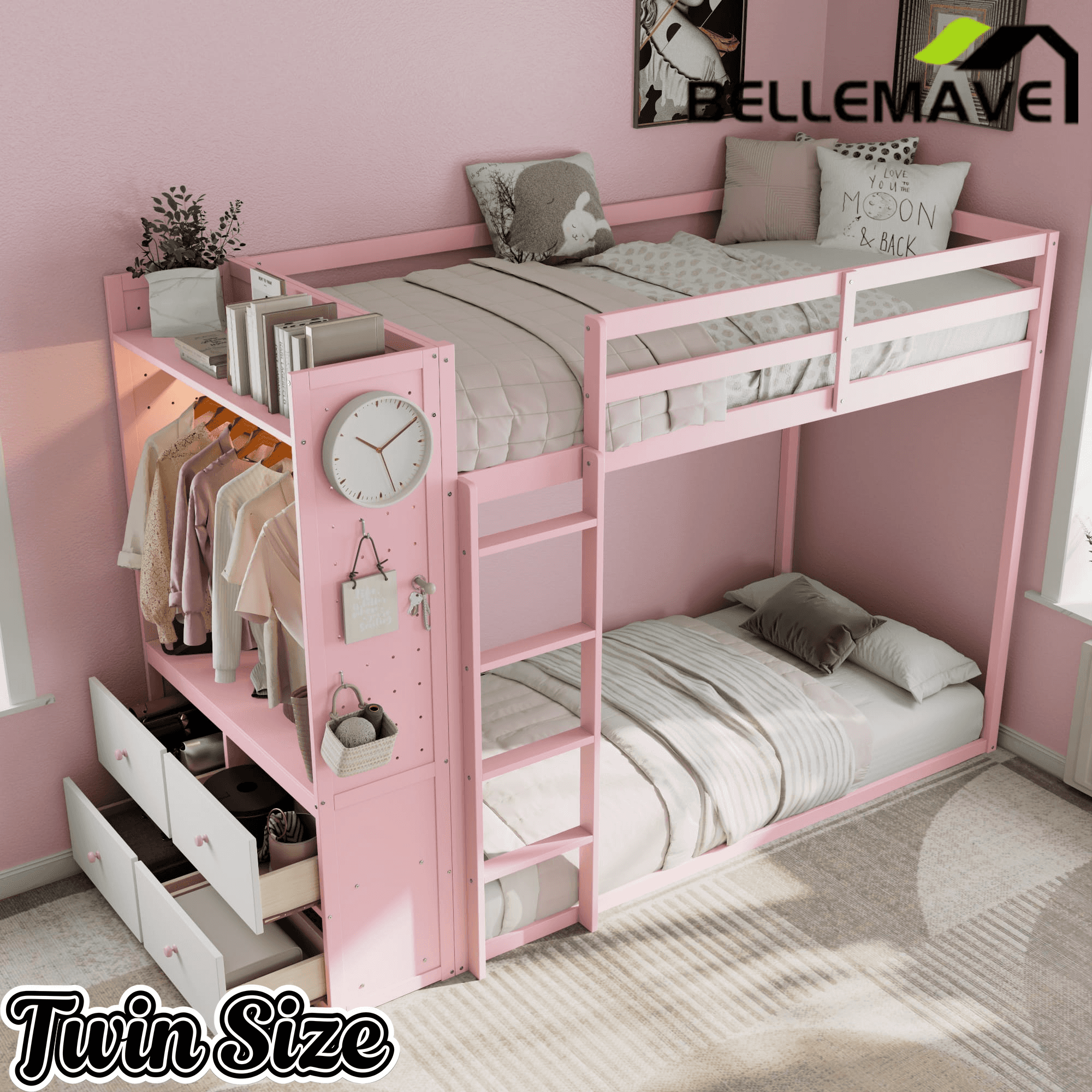 Bellemave® Twin Size Wood Bunk Bed with 4 Storage Drawers, Wooden Bed Frame with Hanging Rails, Light Strips, Built - in Shelves & Dual Pegboards - Bellemave