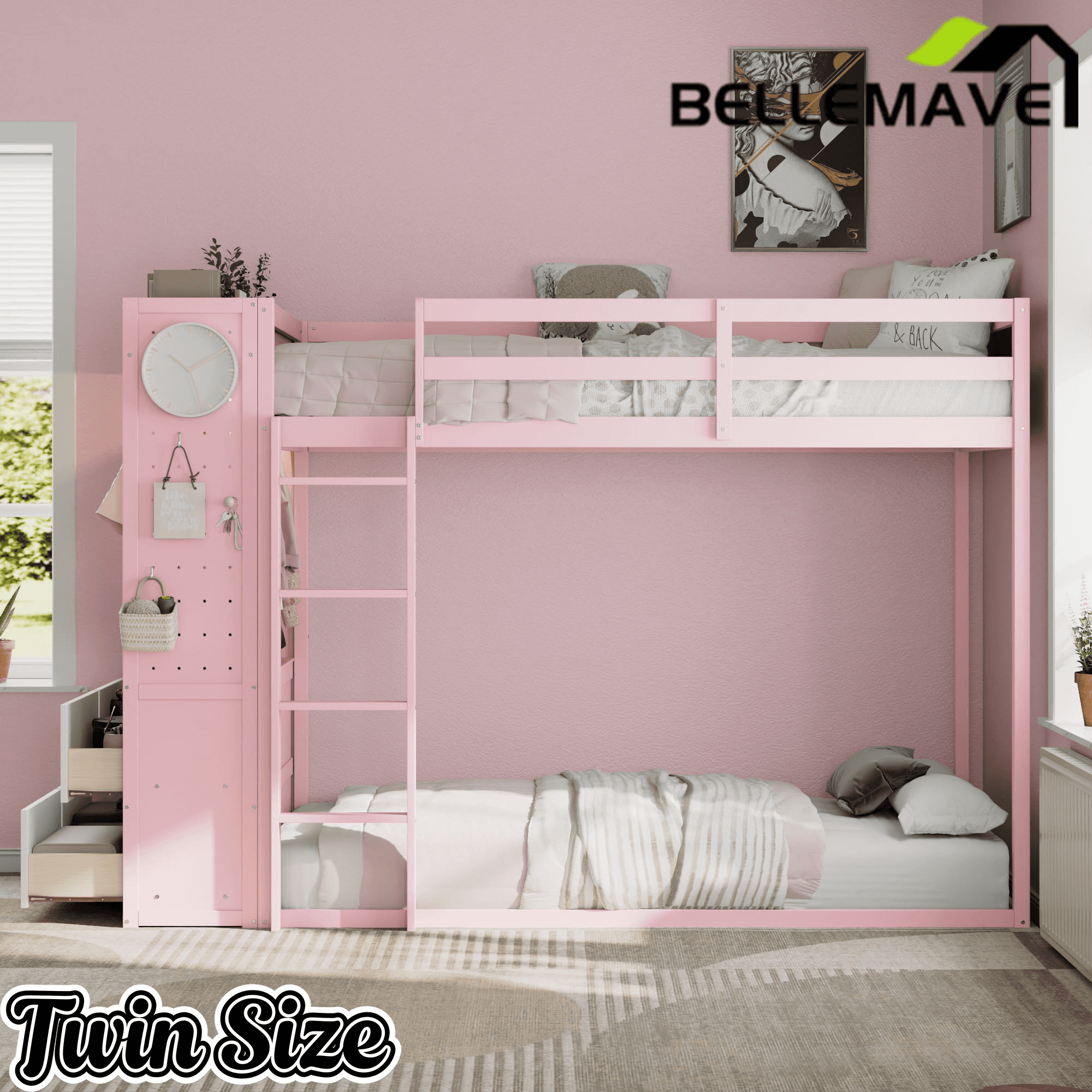 Bellemave® Twin Size Wood Bunk Bed with 4 Storage Drawers, Wooden Bed Frame with Hanging Rails, Light Strips, Built - in Shelves & Dual Pegboards - Bellemave