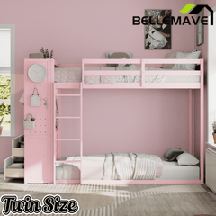 Bellemave® Twin Size Wood Bunk Bed with 4 Storage Drawers, Wooden Bed Frame with Hanging Rails, Light Strips, Built - in Shelves & Dual Pegboards - Bellemave