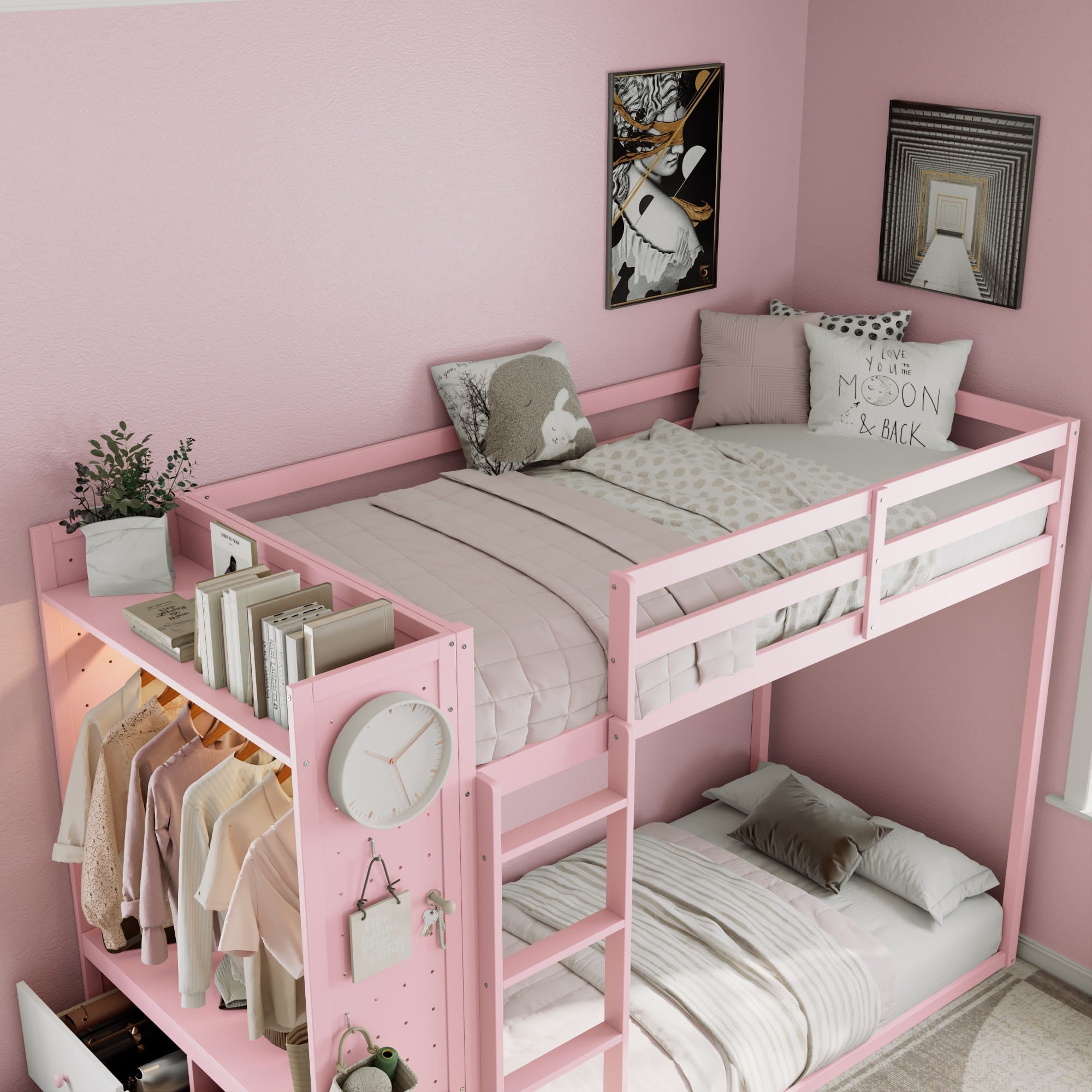Bellemave® Twin Size Wood Bunk Bed with 4 Storage Drawers, Wooden Bed Frame with Hanging Rails, Light Strips, Built - in Shelves & Dual Pegboards - Bellemave
