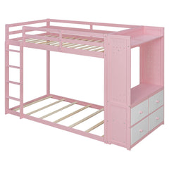 Bellemave® Twin Size Wood Bunk Bed with 4 Storage Drawers, Wooden Bed Frame with Hanging Rails, Light Strips, Built - in Shelves & Dual Pegboards - Bellemave