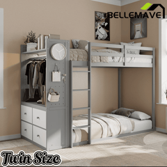 Bellemave® Twin Size Wood Bunk Bed with 4 Storage Drawers, Wooden Bed Frame with Hanging Rails, Light Strips, Built - in Shelves & Dual Pegboards - Bellemave