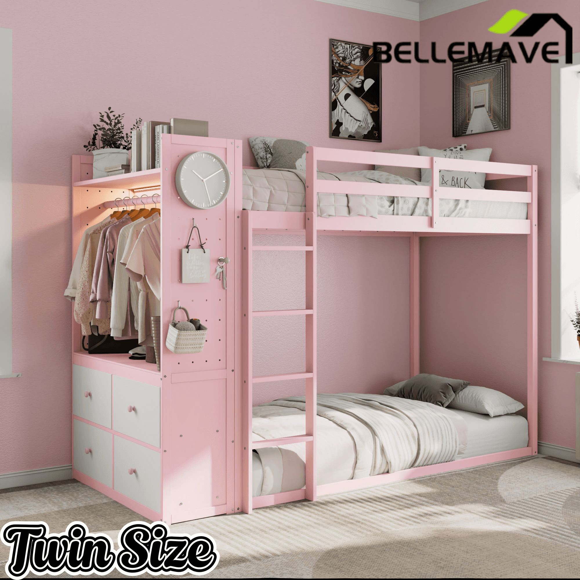 Bellemave® Twin Size Wood Bunk Bed with 4 Storage Drawers, Wooden Bed Frame with Hanging Rails, Light Strips, Built - in Shelves & Dual Pegboards - Bellemave