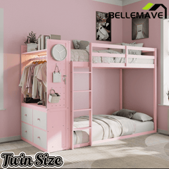 Bellemave® Twin Size Wood Bunk Bed with 4 Storage Drawers, Wooden Bed Frame with Hanging Rails, Light Strips, Built - in Shelves & Dual Pegboards - Bellemave