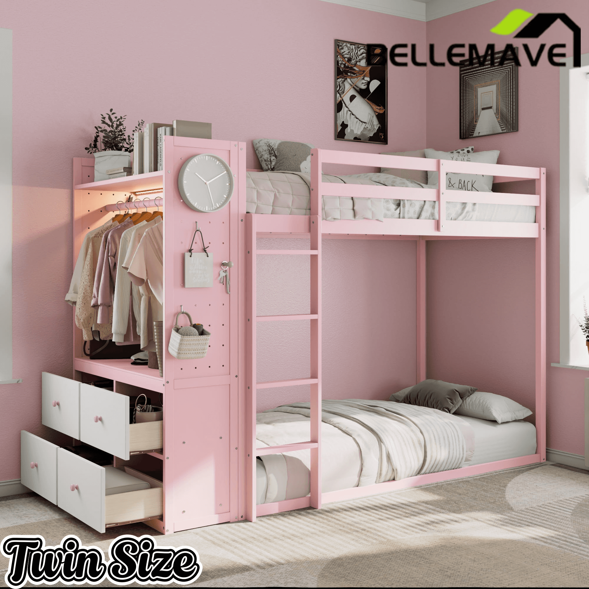 Bellemave® Twin Size Wood Bunk Bed with 4 Storage Drawers, Wooden Bed Frame with Hanging Rails, Light Strips, Built - in Shelves & Dual Pegboards - Bellemave