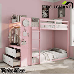 Bellemave® Twin Size Wood Bunk Bed with 4 Storage Drawers, Wooden Bed Frame with Hanging Rails, Light Strips, Built - in Shelves & Dual Pegboards - Bellemave