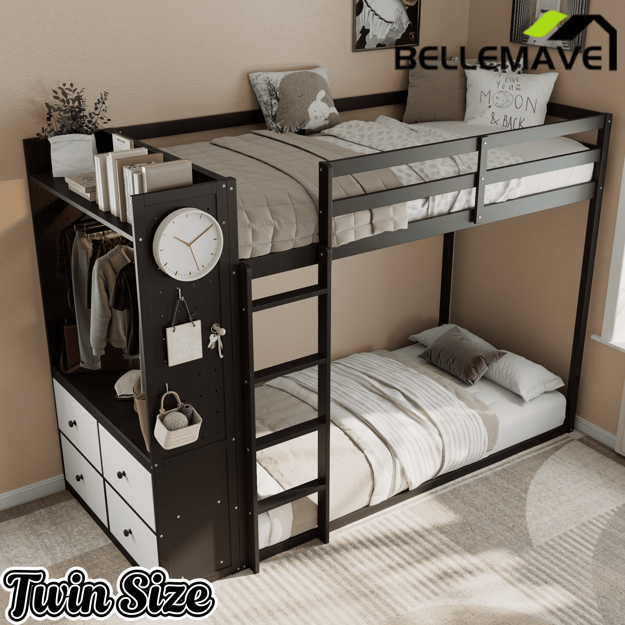 Bellemave® Twin Size Wood Bunk Bed with 4 Storage Drawers, Wooden Bed Frame with Hanging Rails, Light Strips, Built - in Shelves & Dual Pegboards - Bellemave
