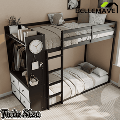 Bellemave® Twin Size Wood Bunk Bed with 4 Storage Drawers, Wooden Bed Frame with Hanging Rails, Light Strips, Built - in Shelves & Dual Pegboards - Bellemave
