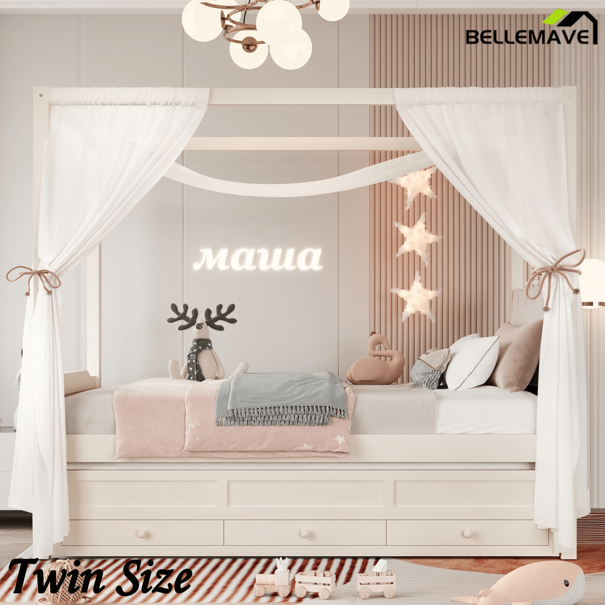 Bellemave® Twin Size Wood Canopy Bed with Upholstered Headboard,Princess Canopy Bed Frame Twin with Trundle and 3 Drawers,Twin Bed Canopy for Kids,Storage,Beige - Bellemave