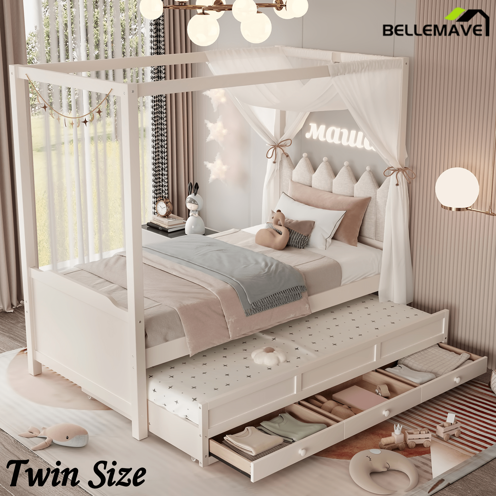 Bellemave® Twin Size Wood Canopy Bed with Upholstered Headboard,Princess Canopy Bed Frame Twin with Trundle and 3 Drawers,Twin Bed Canopy for Kids,Storage,Beige - Bellemave