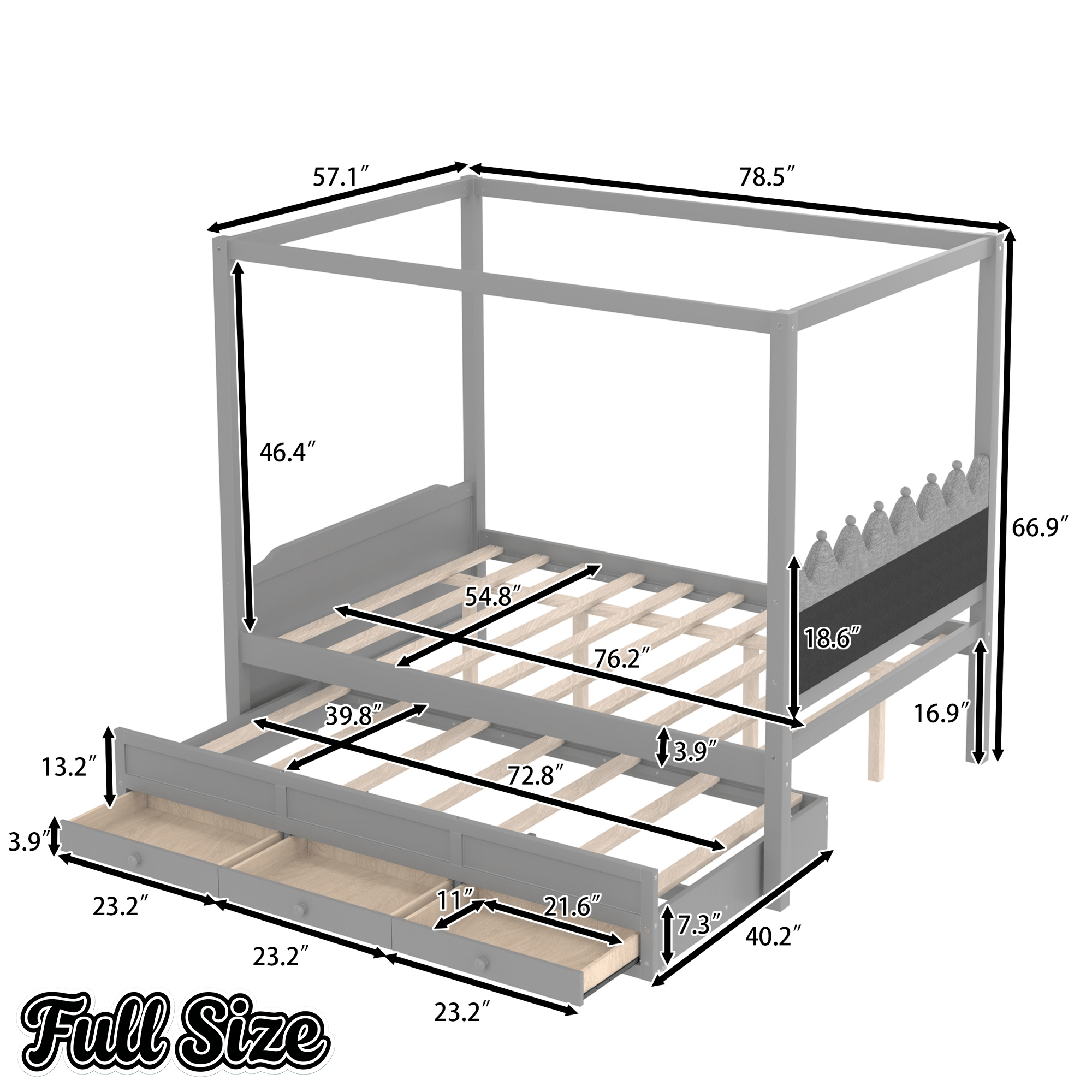 Bellemave® Twin Size Wood Canopy Bed with Upholstered Headboard,Princess Canopy Bed Frame Twin with Trundle and 3 Drawers,Twin Bed Canopy for Kids,Storage,Beige - Bellemave