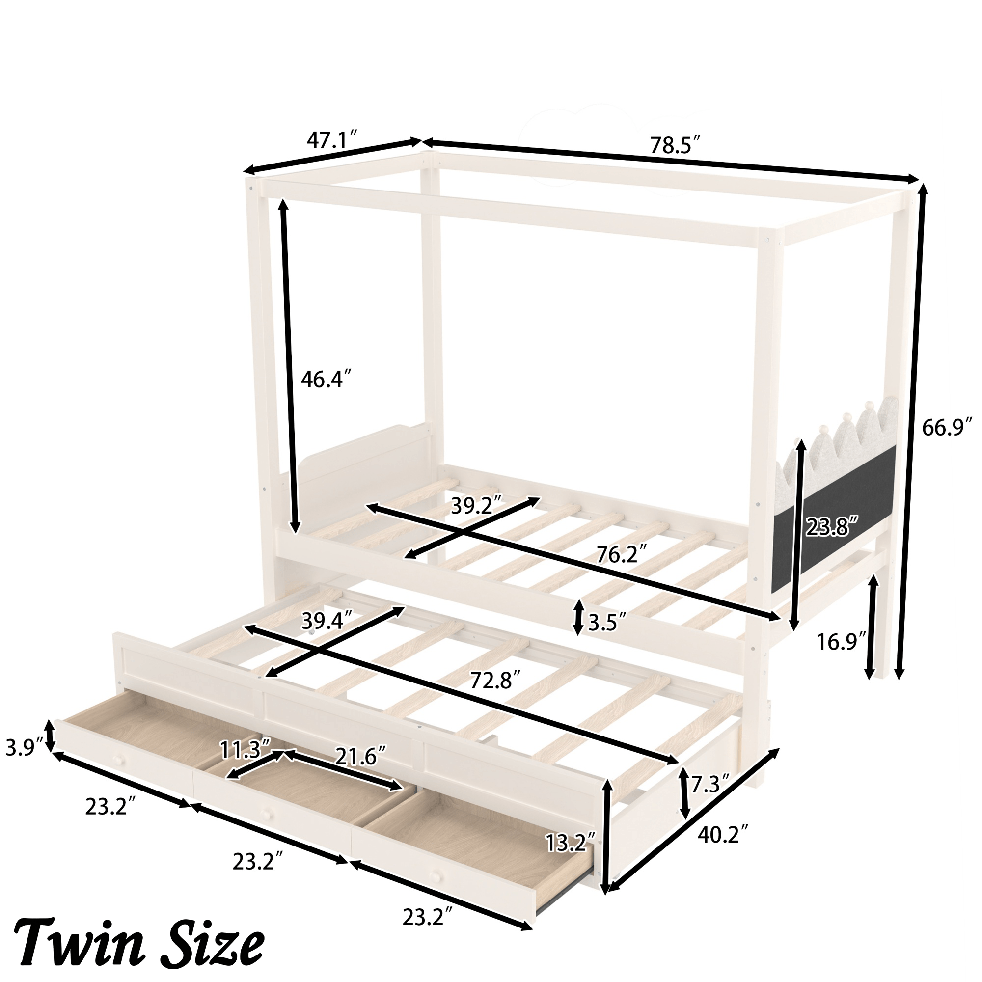 Bellemave® Twin Size Wood Canopy Bed with Upholstered Headboard,Princess Canopy Bed Frame Twin with Trundle and 3 Drawers,Twin Bed Canopy for Kids,Storage,Beige - Bellemave