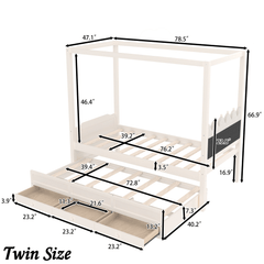 Bellemave® Twin Size Wood Canopy Bed with Upholstered Headboard,Princess Canopy Bed Frame Twin with Trundle and 3 Drawers,Twin Bed Canopy for Kids,Storage,Beige - Bellemave