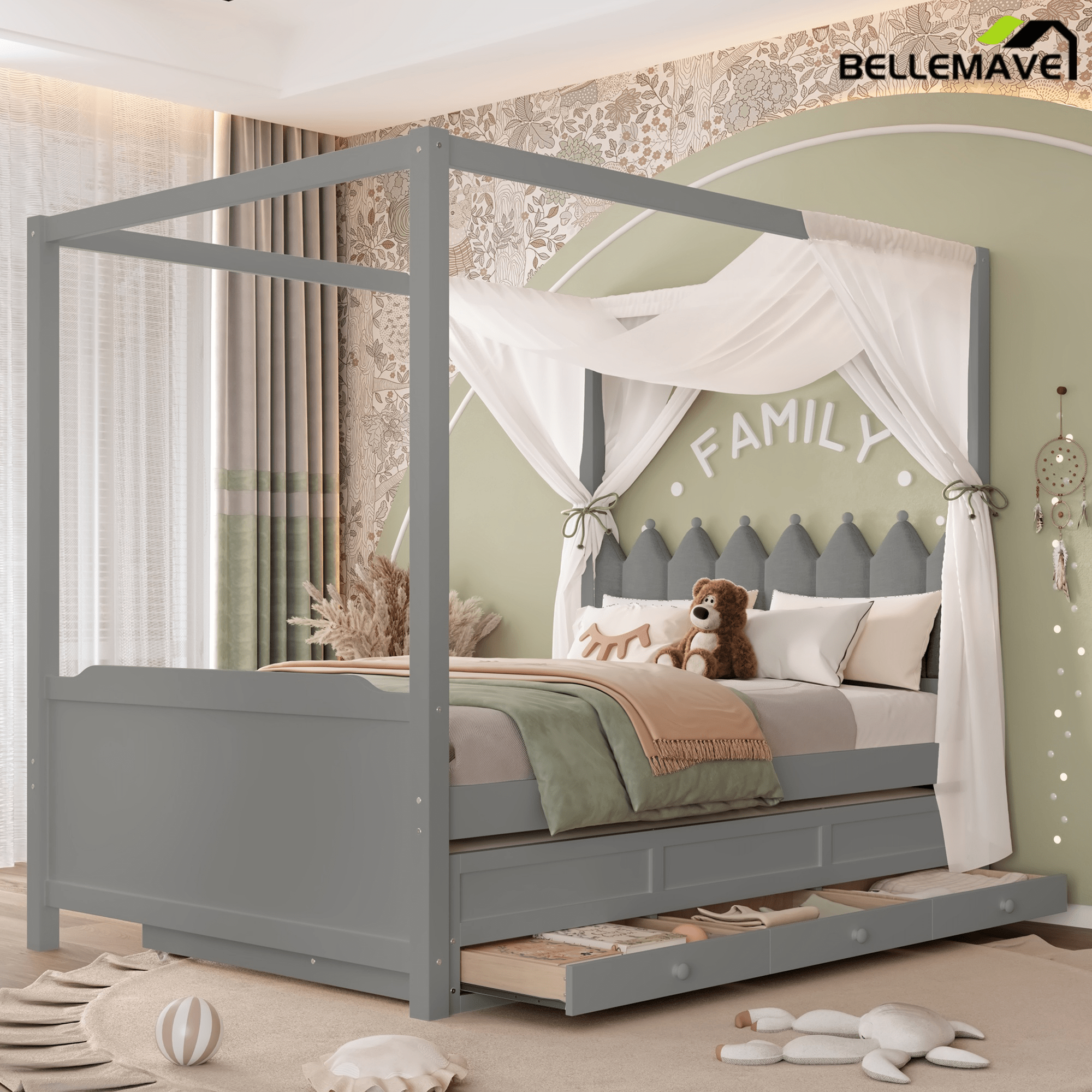 Bellemave® Twin Size Wood Canopy Bed with Upholstered Headboard,Princess Canopy Bed Frame Twin with Trundle and 3 Drawers,Twin Bed Canopy for Kids,Storage,Beige - Bellemave