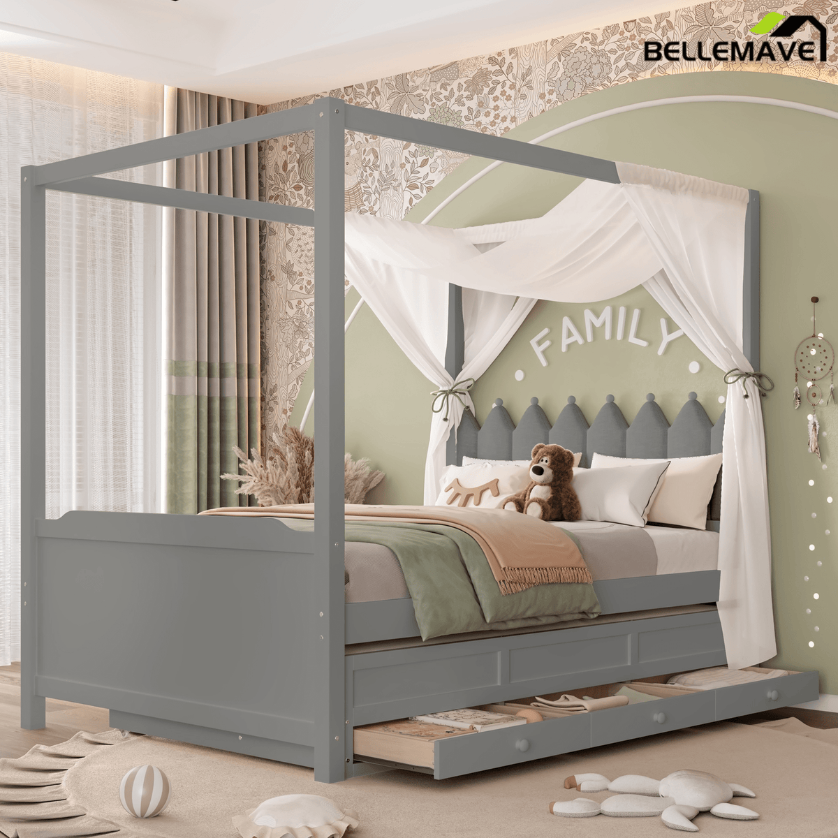 Bellemave® Twin Size Wood Canopy Bed with Upholstered Headboard,Princess Canopy Bed Frame Twin with Trundle and 3 Drawers,Twin Bed Canopy for Kids,Storage,Beige - Bellemave