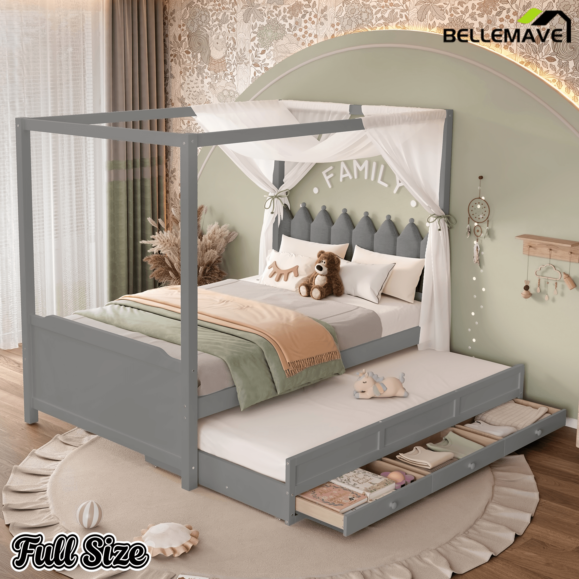Bellemave® Twin Size Wood Canopy Bed with Upholstered Headboard,Princess Canopy Bed Frame Twin with Trundle and 3 Drawers,Twin Bed Canopy for Kids,Storage,Beige - Bellemave