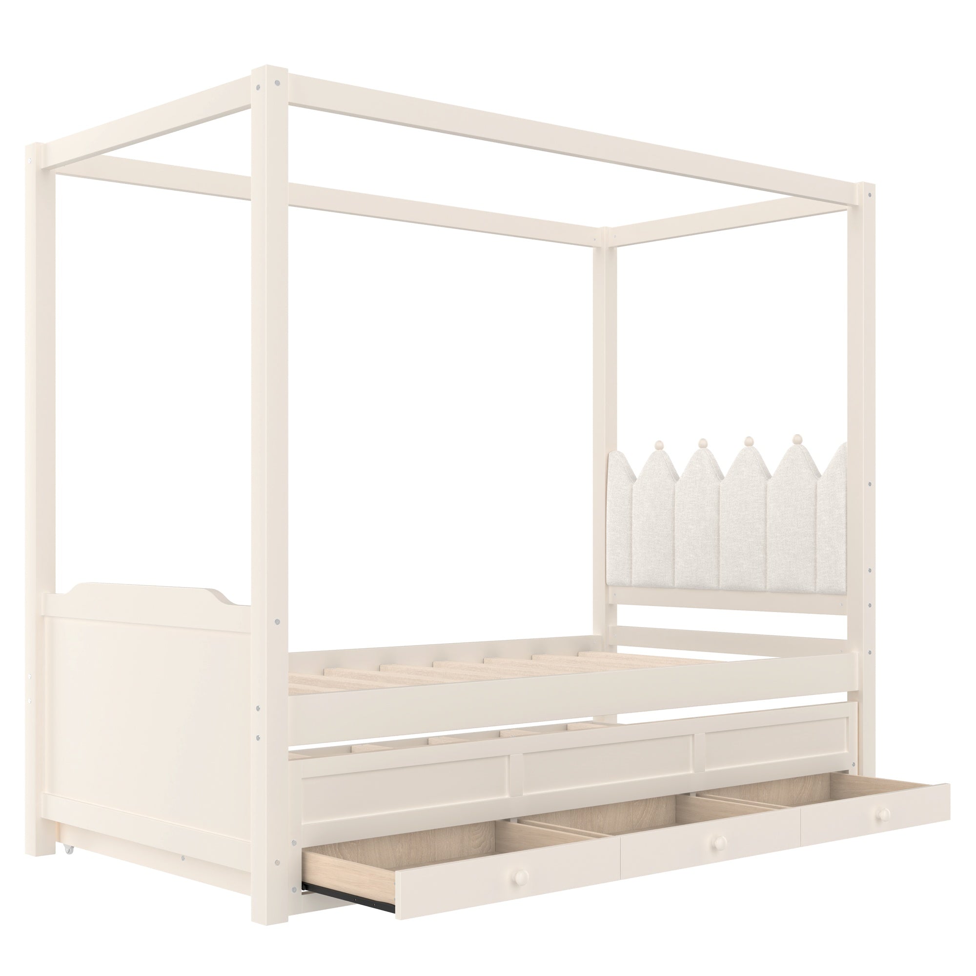 Bellemave® Twin Size Wood Canopy Bed with Upholstered Headboard,Princess Canopy Bed Frame Twin with Trundle and 3 Drawers,Twin Bed Canopy for Kids,Storage,Beige - Bellemave