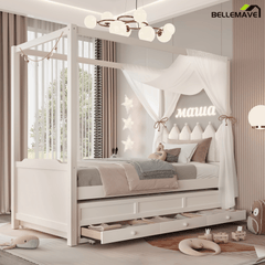 Bellemave® Twin Size Wood Canopy Bed with Upholstered Headboard,Princess Canopy Bed Frame Twin with Trundle and 3 Drawers,Twin Bed Canopy for Kids,Storage,Beige - Bellemave