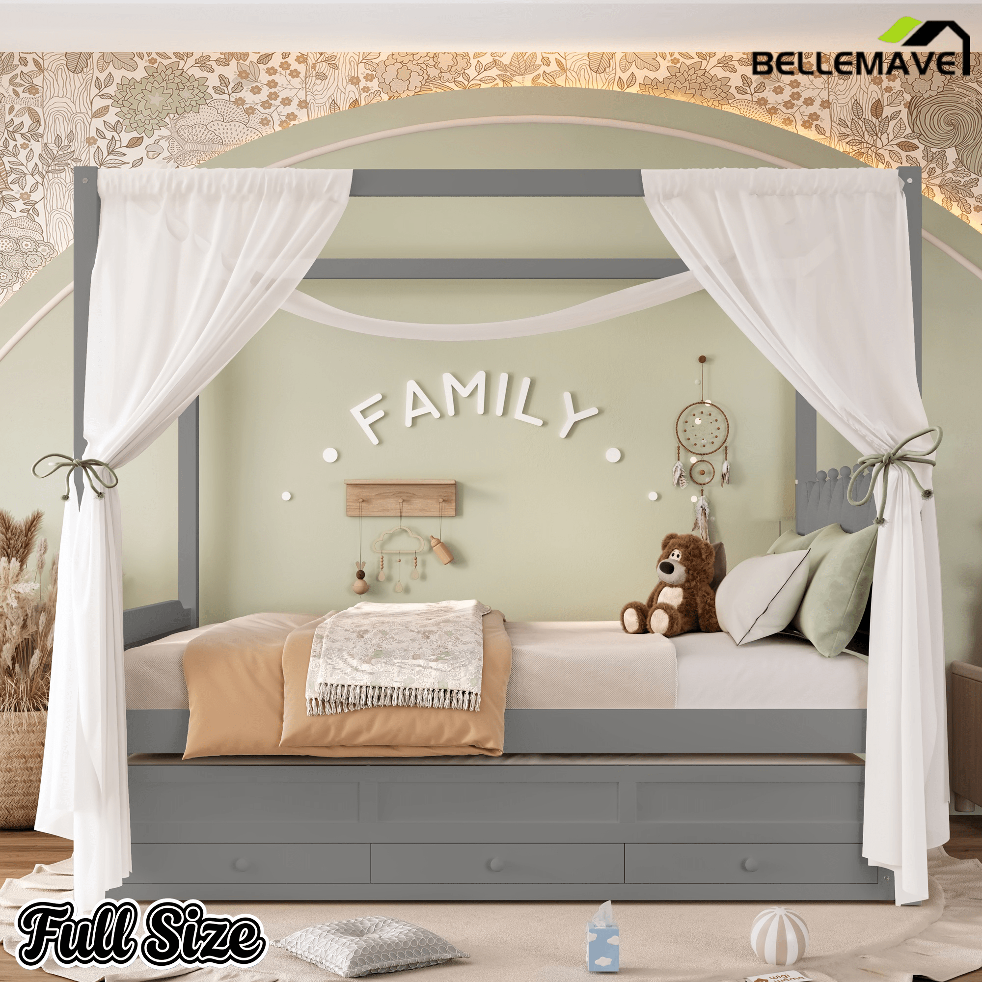 Bellemave® Twin Size Wood Canopy Bed with Upholstered Headboard,Princess Canopy Bed Frame Twin with Trundle and 3 Drawers,Twin Bed Canopy for Kids,Storage,Beige - Bellemave