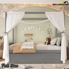 Bellemave® Twin Size Wood Canopy Bed with Upholstered Headboard,Princess Canopy Bed Frame Twin with Trundle and 3 Drawers,Twin Bed Canopy for Kids,Storage,Beige - Bellemave