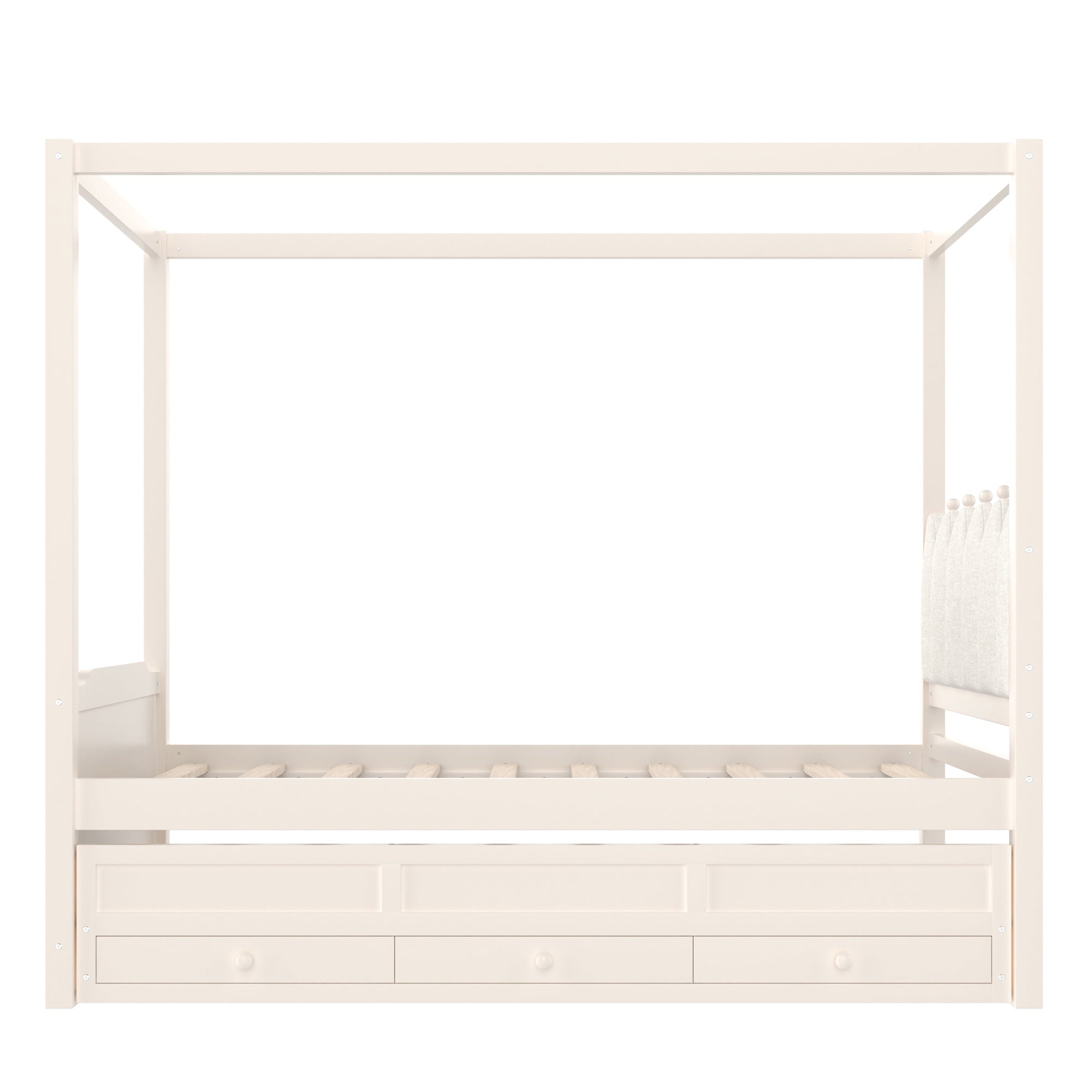 Bellemave® Twin Size Wood Canopy Bed with Upholstered Headboard,Princess Canopy Bed Frame Twin with Trundle and 3 Drawers,Twin Bed Canopy for Kids,Storage,Beige - Bellemave