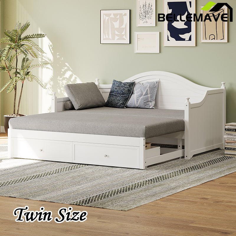 Bellemave® Twin Size Wood Daybed with Extended Pop Up Trundle and Storage Drawers - Bellemave