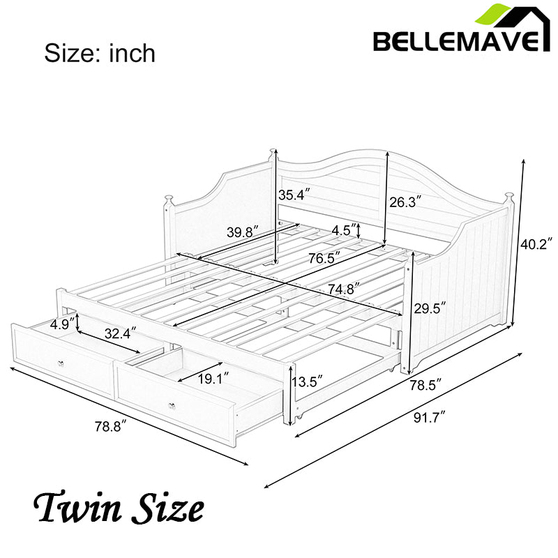 Bellemave® Twin Size Wood Daybed with Extended Pop Up Trundle and Storage Drawers - Bellemave